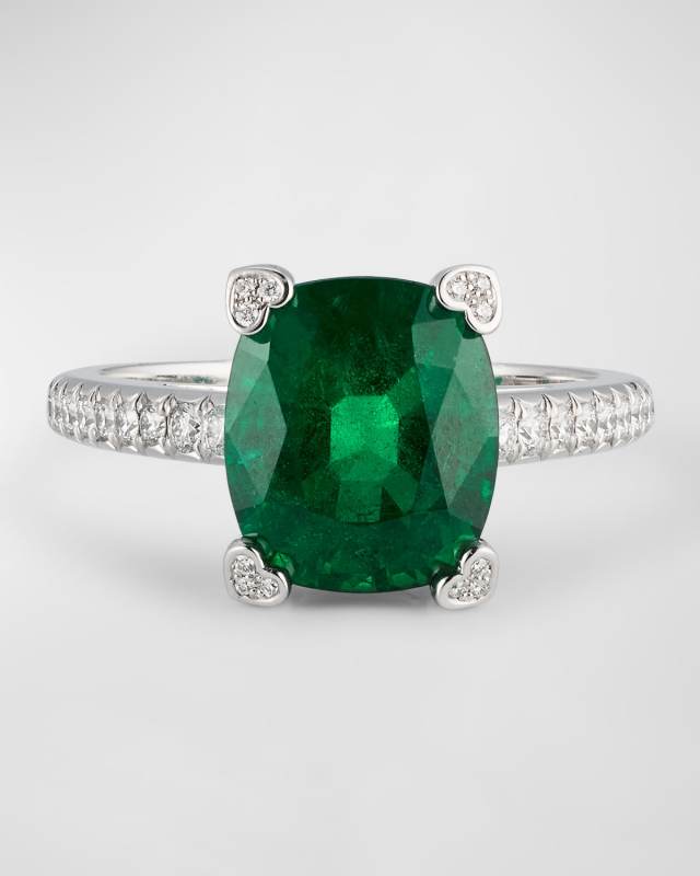 18K White Gold Emerald Solitaire Ring with Diamonds, Size